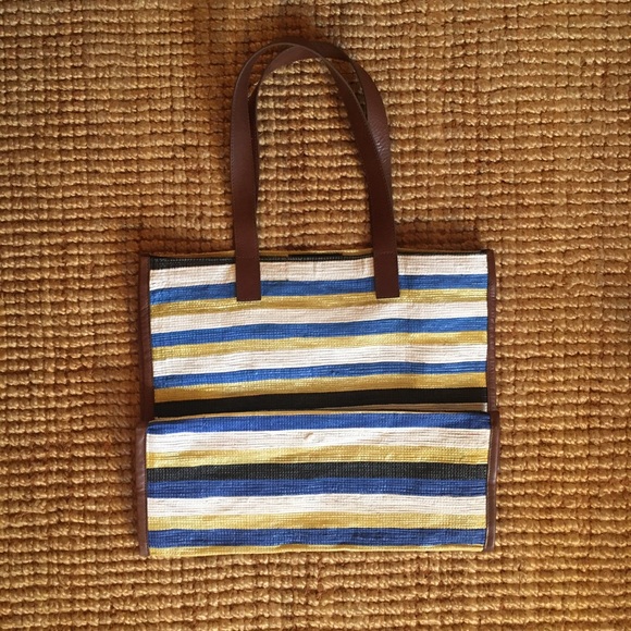 New Striped straw purse w Leather Straps - Picture 1 of 3